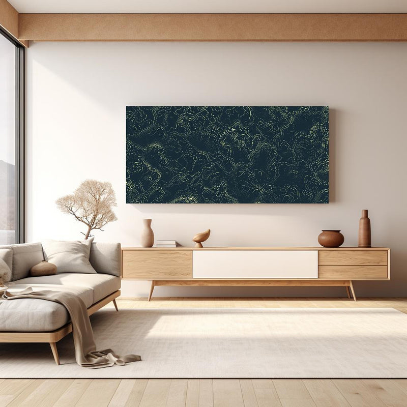 Wandbild - Abstraktes Muster auf gräulichem Hintergrund in hellem Wohnzimmer über extravaganter Kommode