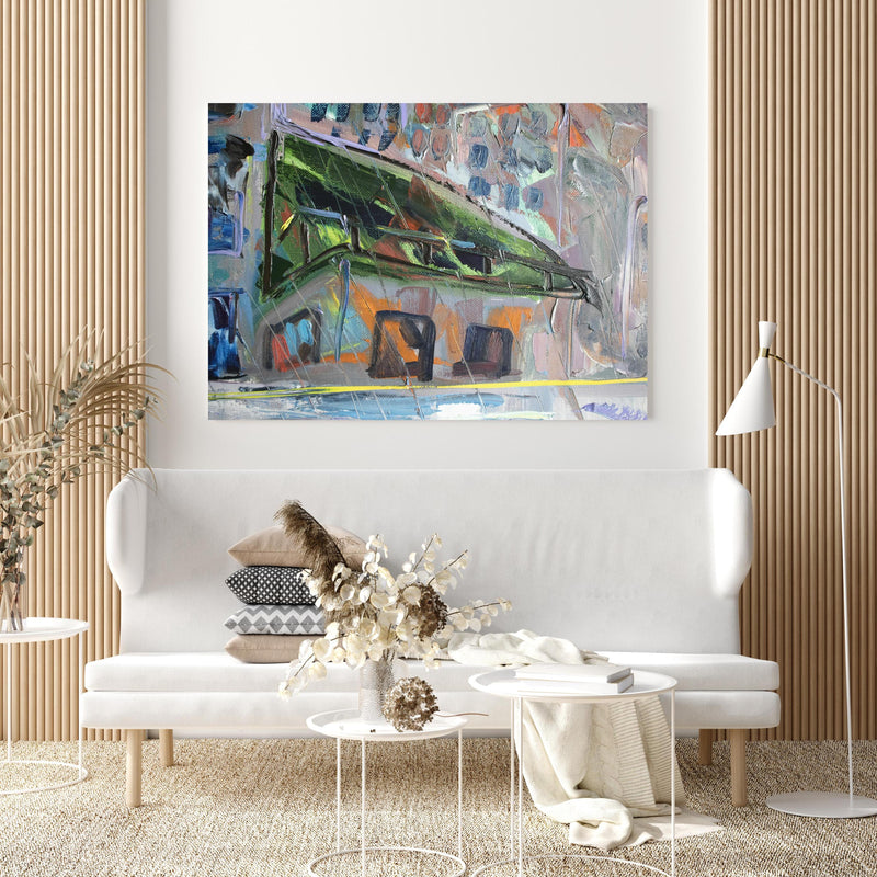 Wandbild - Acryl Farben Kunst - Gebäude in extravagant gestaltetem Raum mit minimalistischer Couch-quadratisch