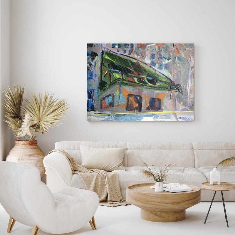 Wandbild - Acryl Farben Kunst - Gebäude in exotisch eingerichtetem Wohnzimmer über gemütlicher Couch