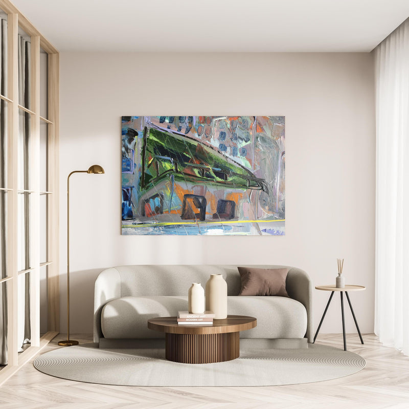 Wandbild - Acryl Farben Kunst - Gebäude in minimalistisch eingerichtetem cremefarbenen Wohnzimmer