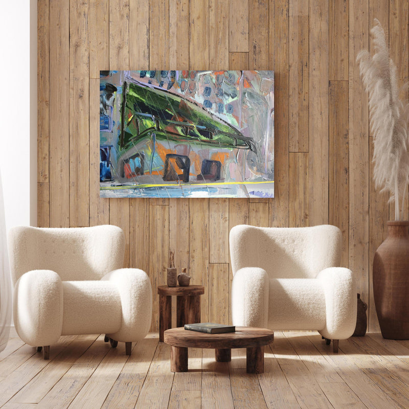 Wandbild - Acryl Farben Kunst - Gebäude an Holzwand hinter sanften Sesseln mit Plüschbezug