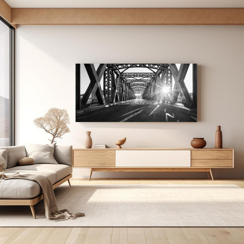 Wandbild - Alte Stadtbrücke in hellem Wohnzimmer über extravaganter Kommode