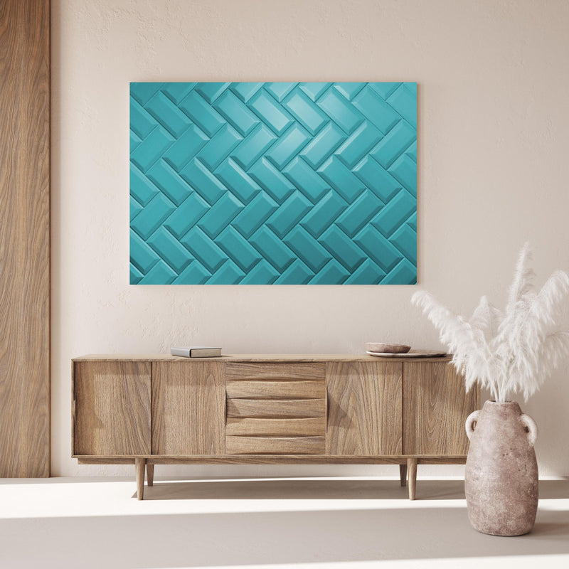 Wandbild - Aqua Matte Keramikfliesen über Holzkommode hinter dekorativer Zimmerpflanze
