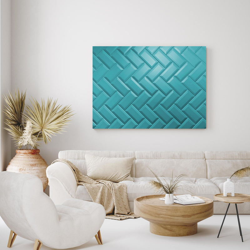 Wandbild - Aqua Matte Keramikfliesen in exotisch eingerichtetem Wohnzimmer über gemütlicher Couch