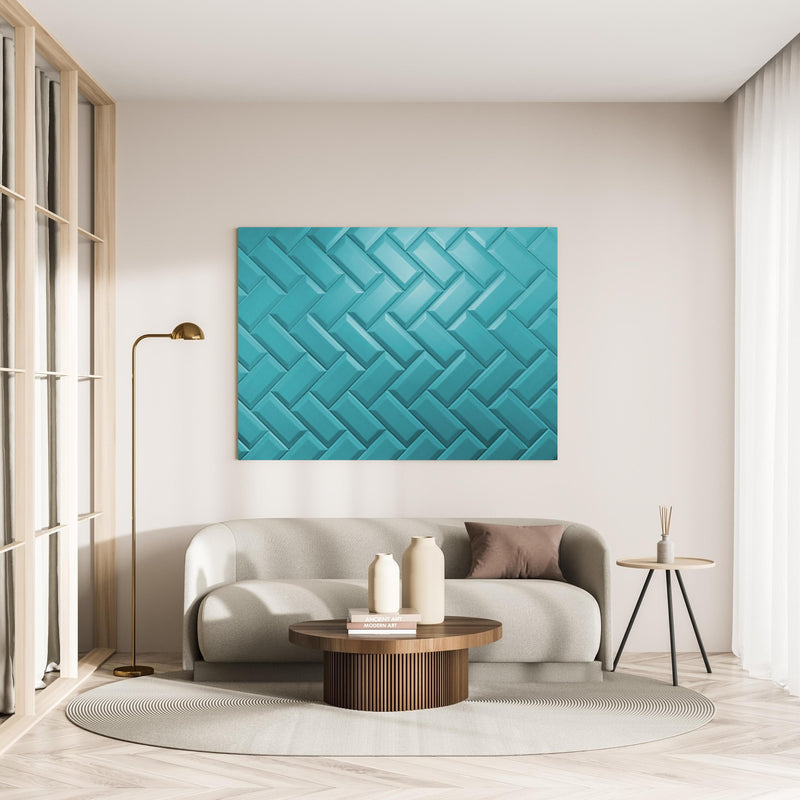 Wandbild - Aqua Matte Keramikfliesen in minimalistisch eingerichtetem cremefarbenen Wohnzimmer