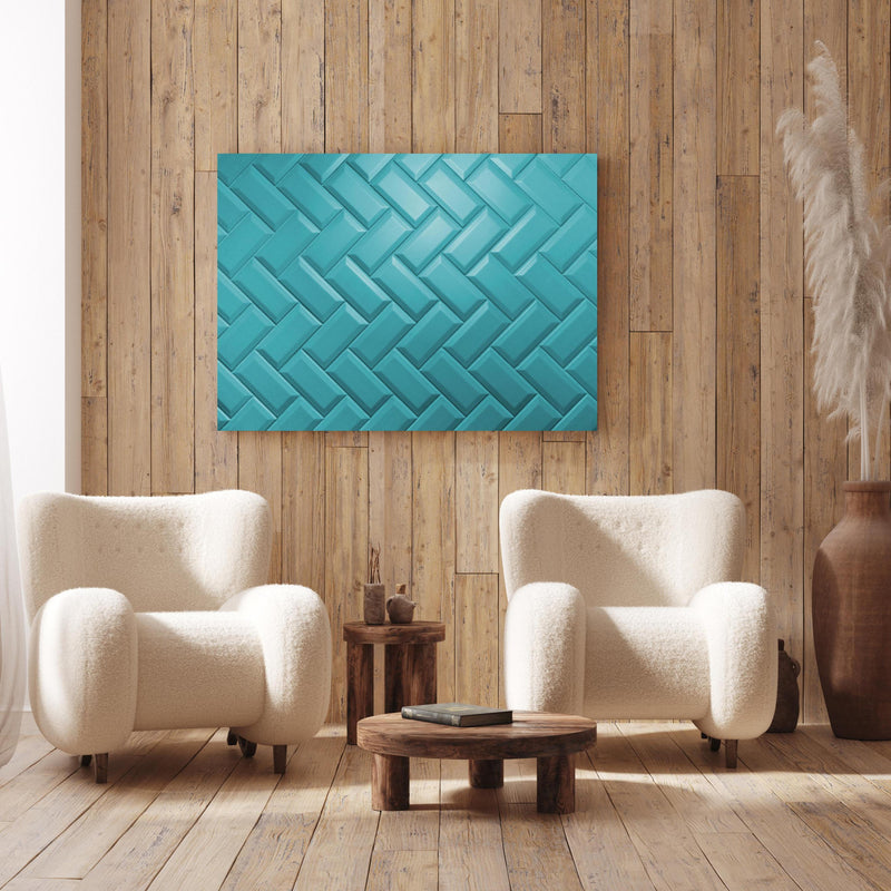 Wandbild - Aqua Matte Keramikfliesen an Holzwand hinter sanften Sesseln mit Plüschbezug