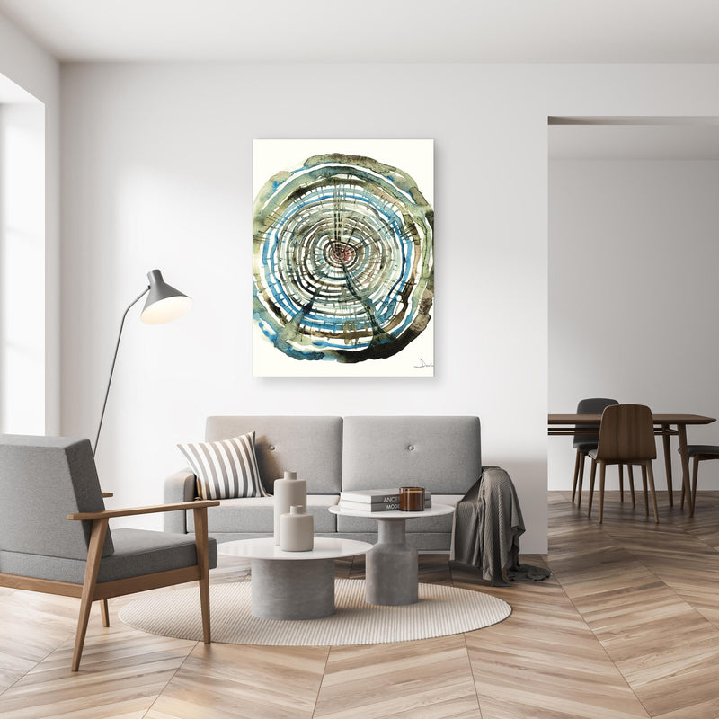 Wandbild - Aquarell Zeichnung - Baumstamm Muster in gemütlichem Wohnzimmer neben grauer Retro-Lampe