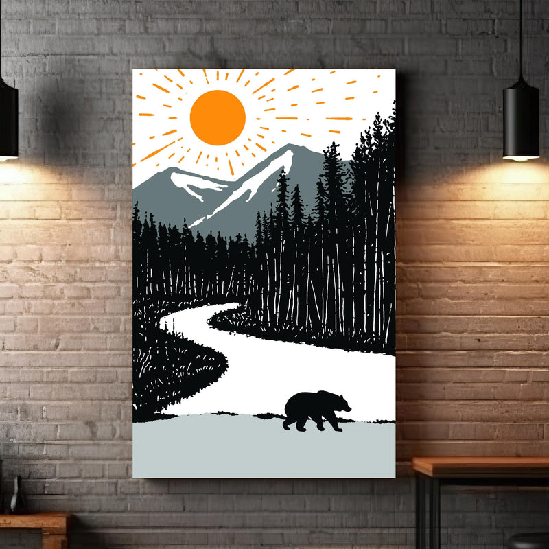 Wandbild - Bär auf einem Waldweg zwischen extravaganten Hängelampen und Holztischen Zoom