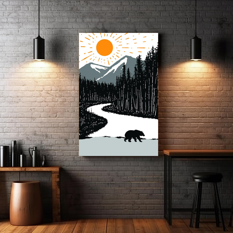 Wandbild - Bär auf einem Waldweg zwischen extravaganten Hängelampen und Holztischen