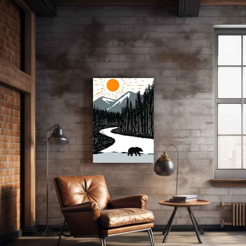 Wandbild - Bär auf einem Waldweg über geschmackvollem Sessel an rustikaler Ziegelwand