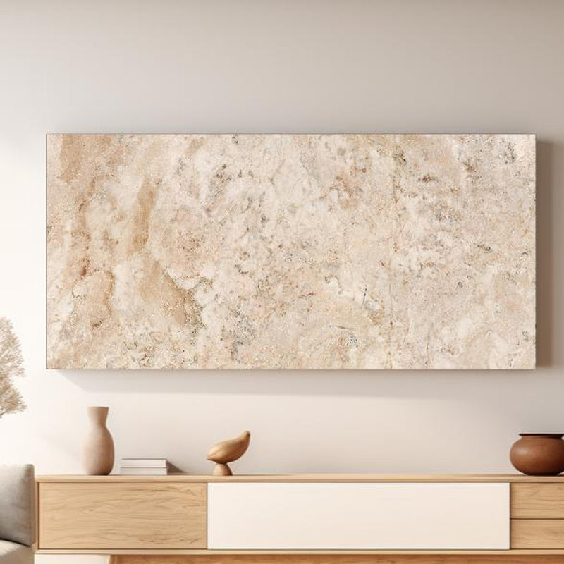 Wandbild - Beige Naturmarmor Stein Textur in hellem Wohnzimmer über extravaganter Kommode Zoom