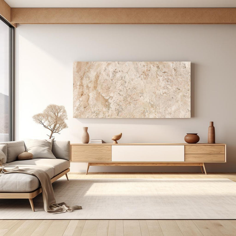 Wandbild - Beige Naturmarmor Stein Textur in hellem Wohnzimmer über extravaganter Kommode