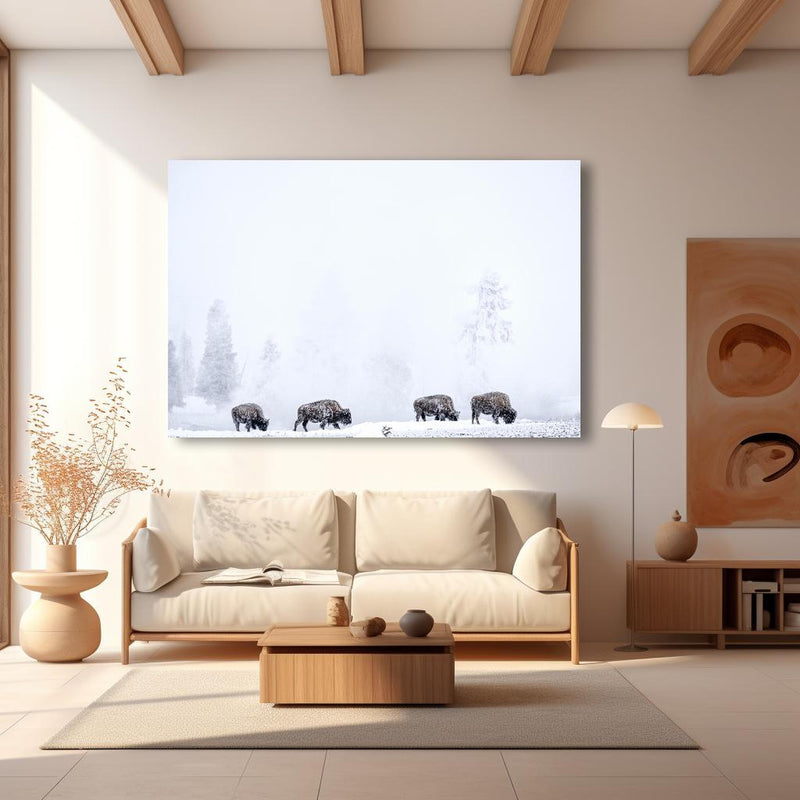 Wandbild - Bisons im kalten Wald in modernem Wohnzimmer im Loft-Stil