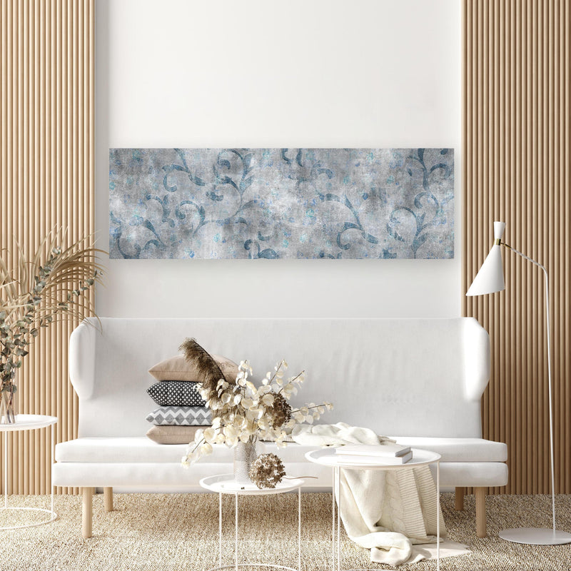 Wandbild - Blaues Blätter Muster - Zement in extravagant gestaltetem Raum mit minimalistischer Couch-rechteckig
