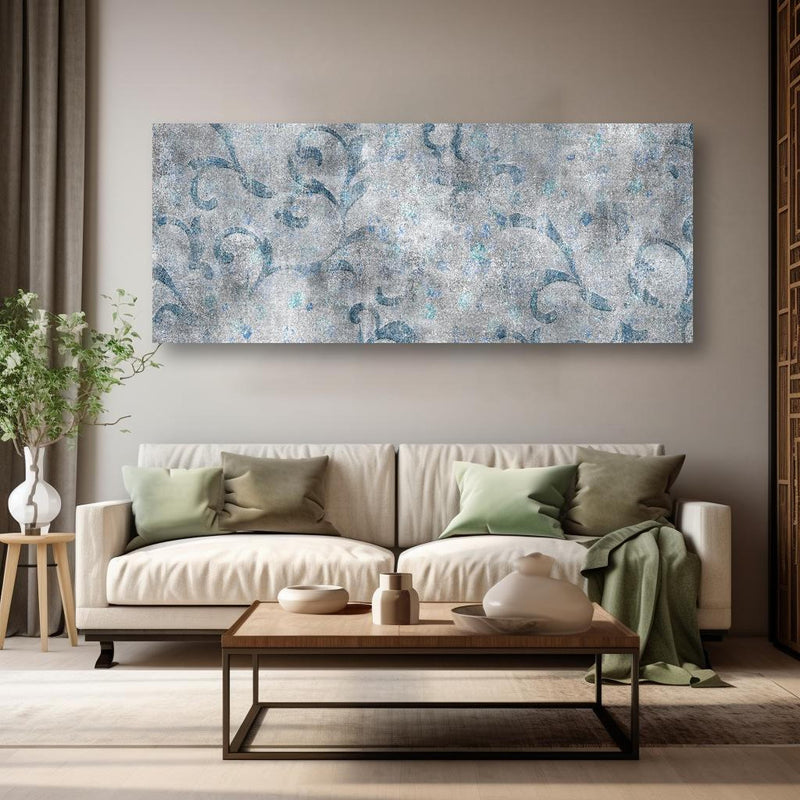 Wandbild - Blaues Blätter Muster - Zement in kreativ eingerichtetem Zimmer mit moderner Vase