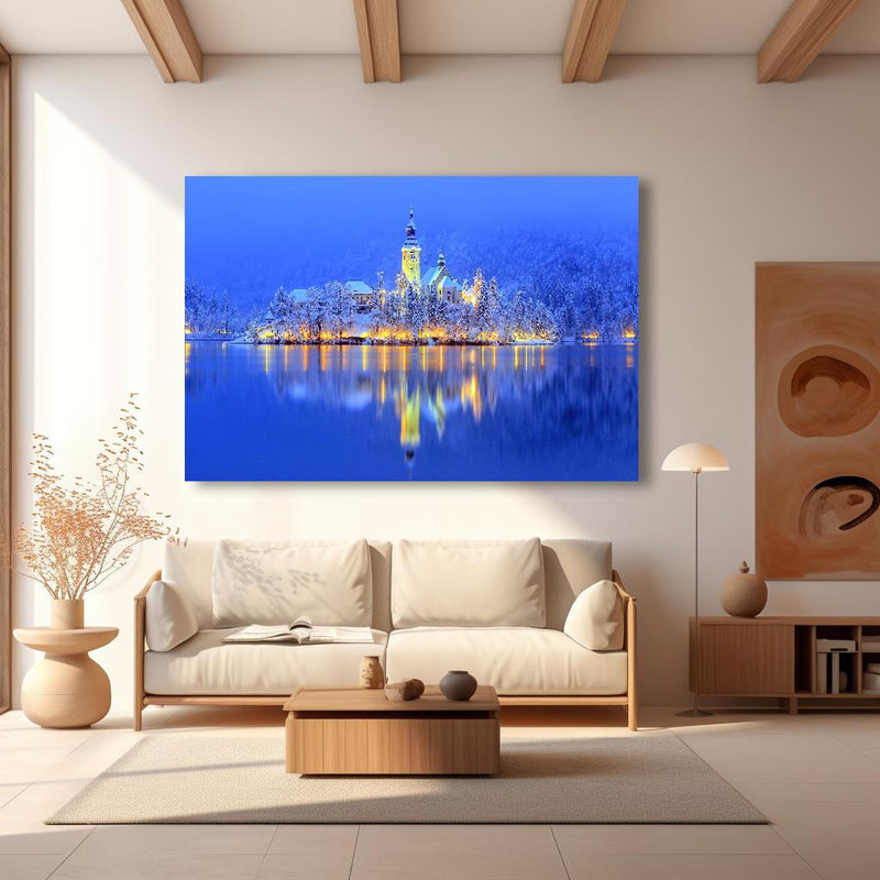 Wandbild - Bled Island in modernem Wohnzimmer im Loft-Stil