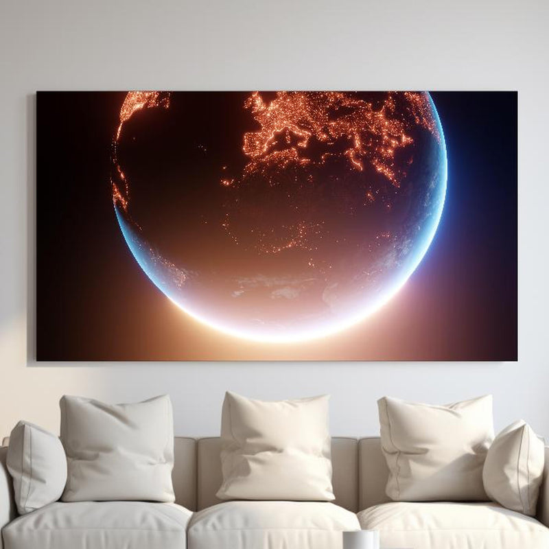 Wandbild - Blick auf Planeten hinter sanfter Couch mit cremefarbenen großen Kissen Zoom