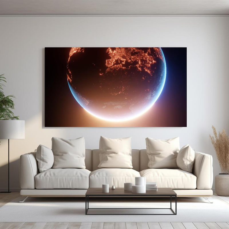 Wandbild - Blick auf Planeten hinter sanfter Couch mit cremefarbenen großen Kissen