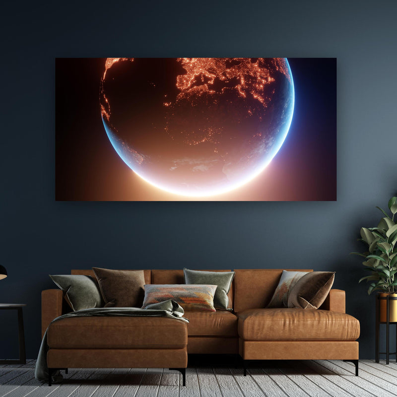 Wandbild - Blick auf Planeten an dunkelgrüner Wand über klassischem Sofa
