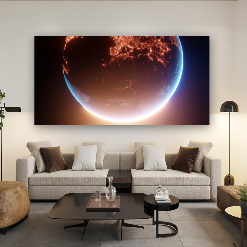 Wandbild - Blick auf Planeten über Urban-Stil Couch hinter futuristischem Tisch