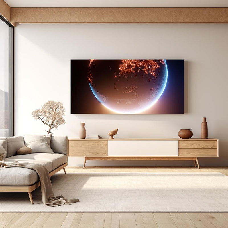 Wandbild - Blick auf Planeten in hellem Wohnzimmer über extravaganter Kommode