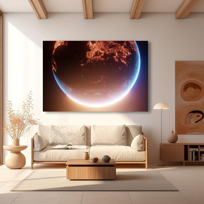 Wandbild - Blick auf Planeten in modernem Wohnzimmer im Loft-Stil