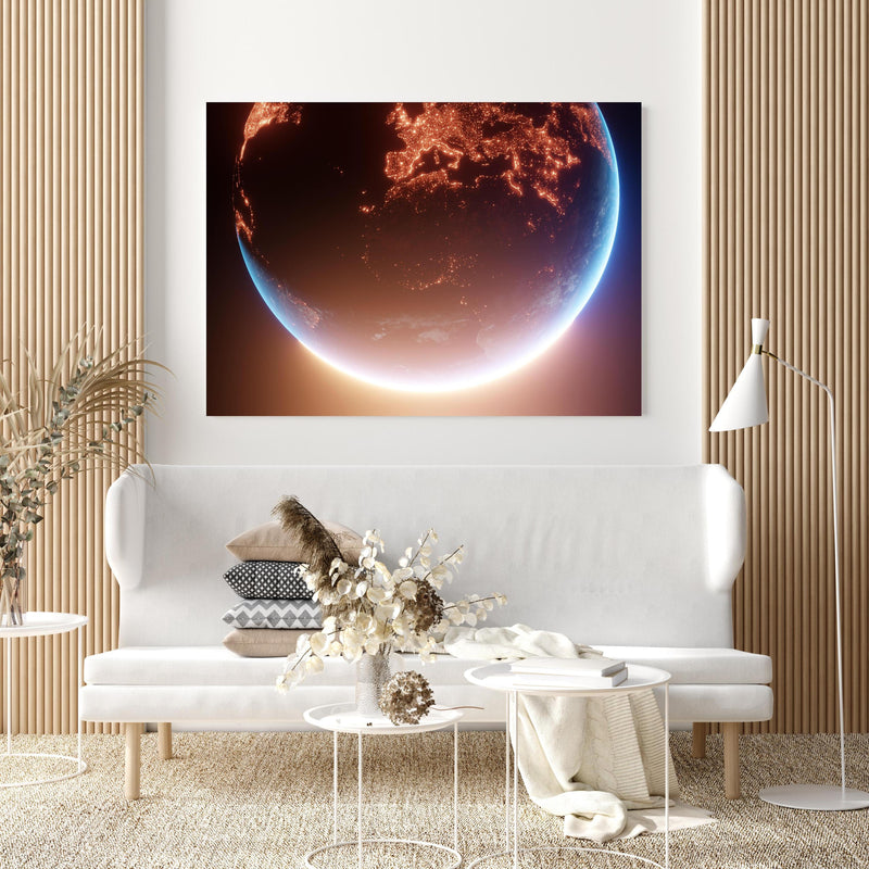 Wandbild - Blick auf Planeten in extravagant gestaltetem Raum mit minimalistischer Couch-quadratisch
