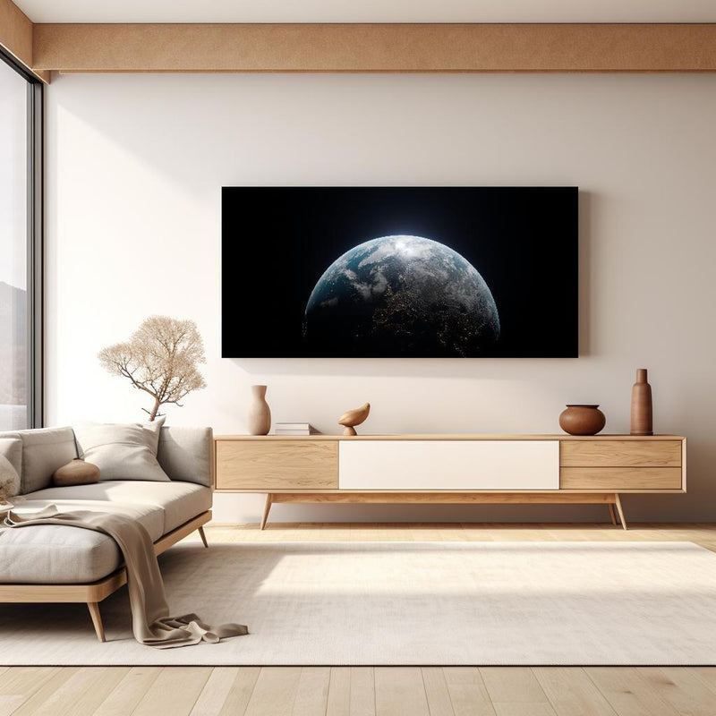 Wandbild - Blick auf die Erde in hellem Wohnzimmer über extravaganter Kommode