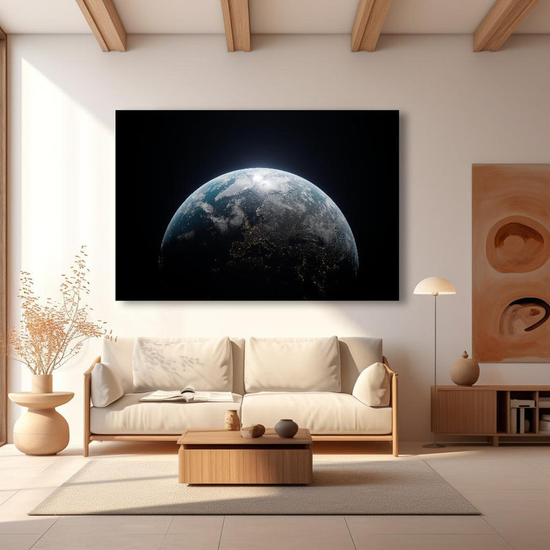 Wandbild - Blick auf die Erde in modernem Wohnzimmer im Loft-Stil