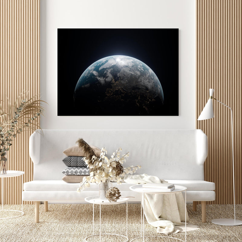 Wandbild - Blick auf die Erde in extravagant gestaltetem Raum mit minimalistischer Couch-quadratisch