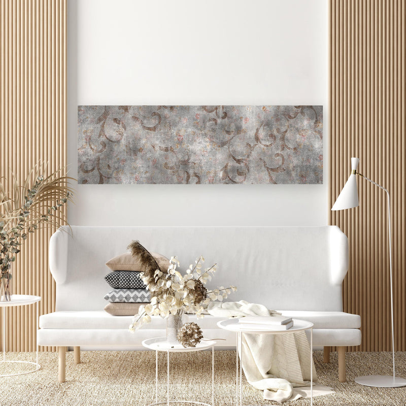 Wandbild - Braunes Blätter Muster auf gräulichem Zement in extravagant gestaltetem Raum mit minimalistischer Couch-rechteckig