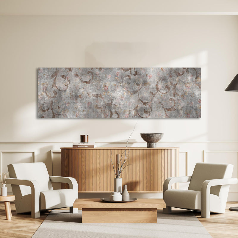 Wandbild - Braunes Blätter Muster auf gräulichem Zement an heller Wand über stilvoller Holzkommode im Wohnzimmer