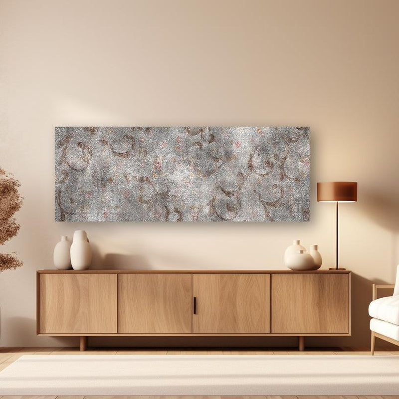 Wandbild - Braunes Blätter Muster auf gräulichem Zement in dezentem Wohnzimmer mit geölter Holzkommode