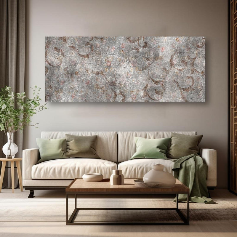Wandbild - Braunes Blätter Muster auf gräulichem Zement in kreativ eingerichtetem Zimmer mit moderner Vase