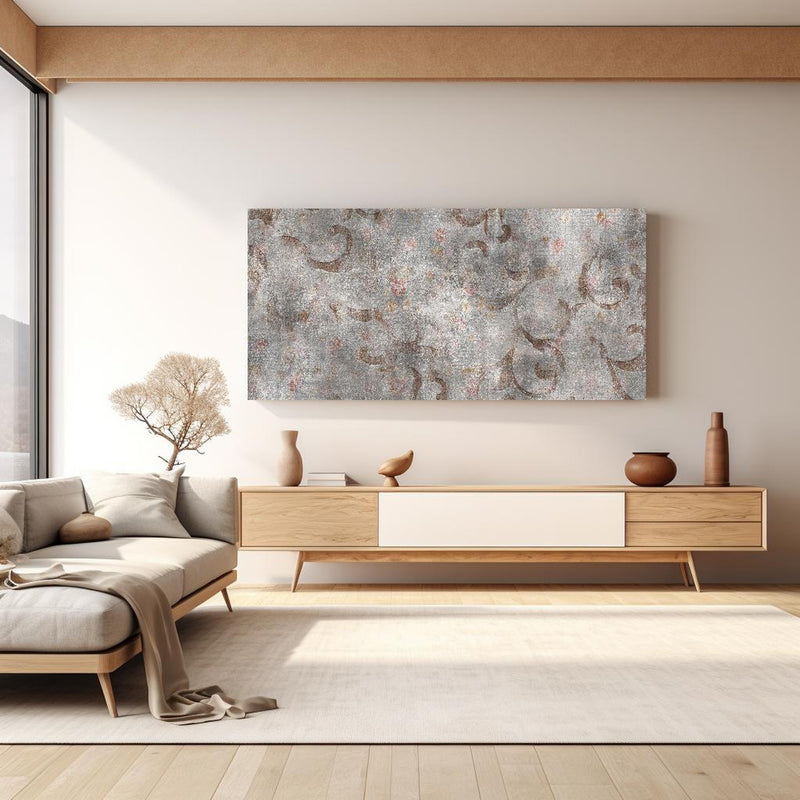 Wandbild - Braunes Blätter Muster auf gräulichem Zement in hellem Wohnzimmer über extravaganter Kommode