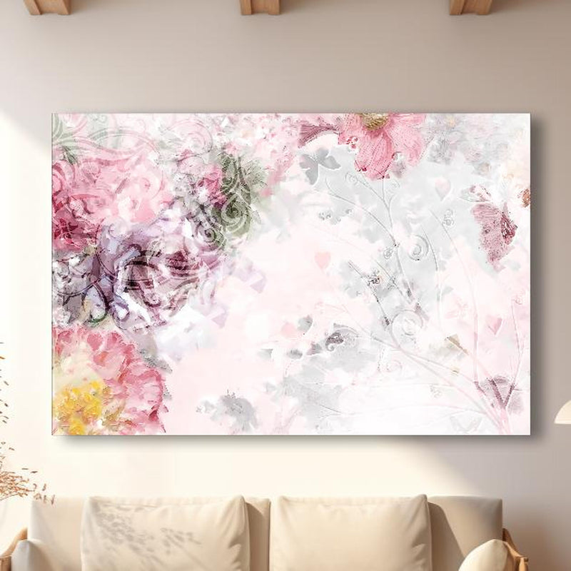 Wandbild - Bunte Blumen - Pastell Farben in modernem Wohnzimmer im Loft-Stil Zoom