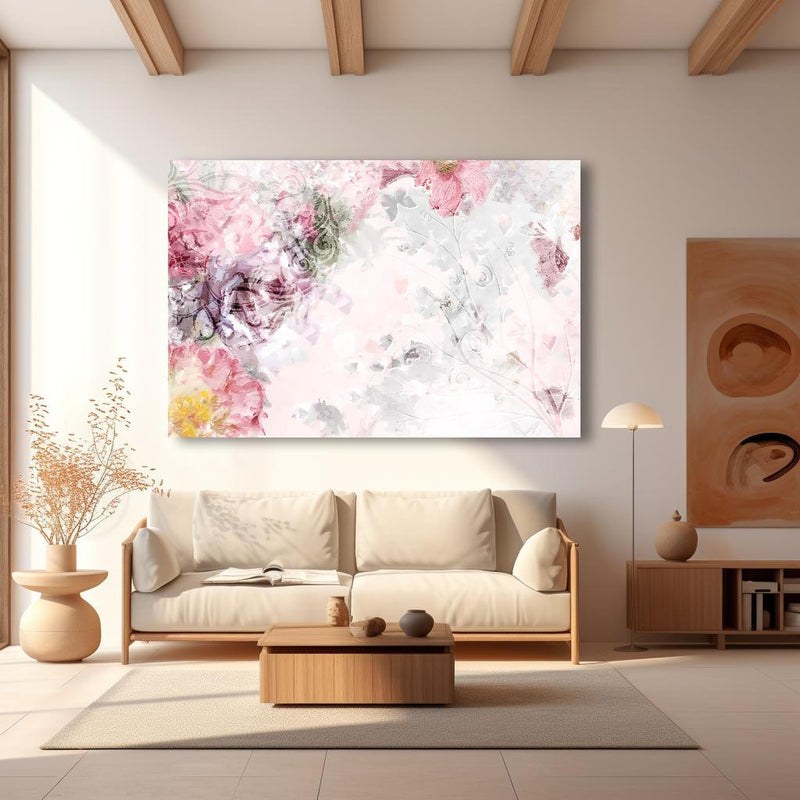 Wandbild - Bunte Blumen - Pastell Farben in modernem Wohnzimmer im Loft-Stil
