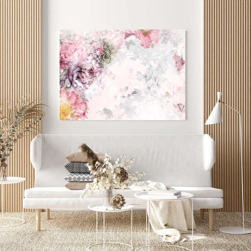 Wandbild - Bunte Blumen - Pastell Farben in extravagant gestaltetem Raum mit minimalistischer Couch-quadratisch