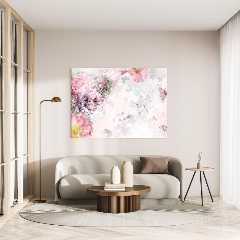 Wandbild - Bunte Blumen - Pastell Farben in minimalistisch eingerichtetem cremefarbenen Wohnzimmer