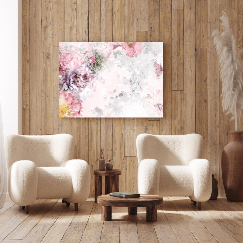 Wandbild - Bunte Blumen - Pastell Farben an Holzwand hinter sanften Sesseln mit Plüschbezug