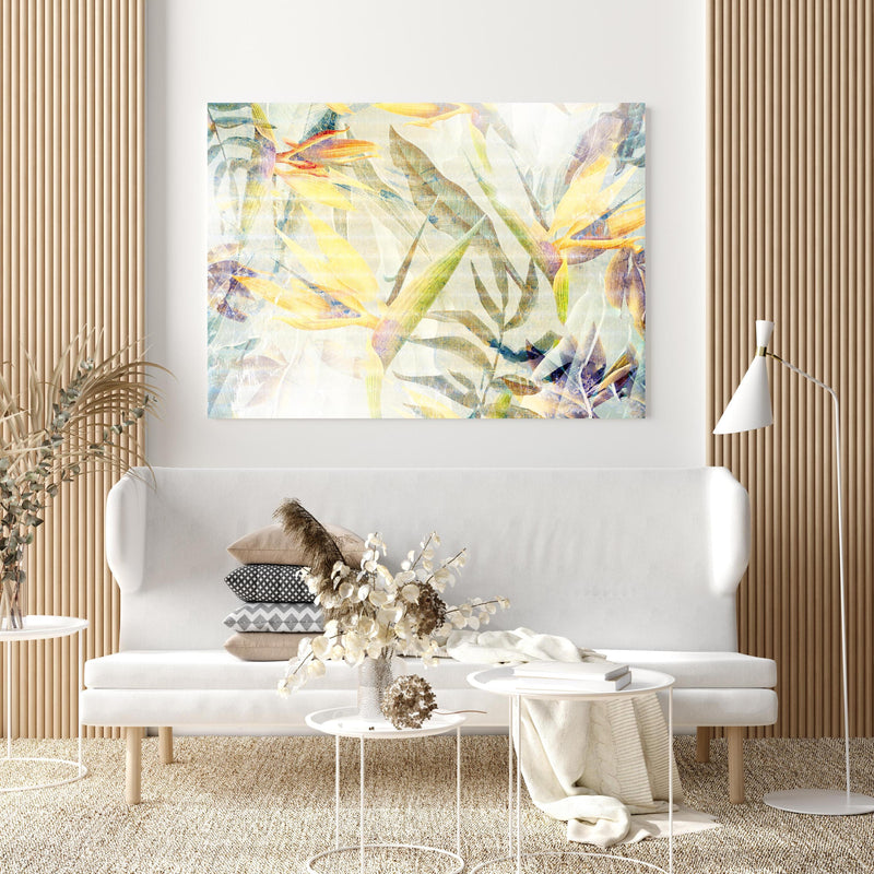 Wandbild - Bunte Blumen - Portait in extravagant gestaltetem Raum mit minimalistischer Couch-quadratisch