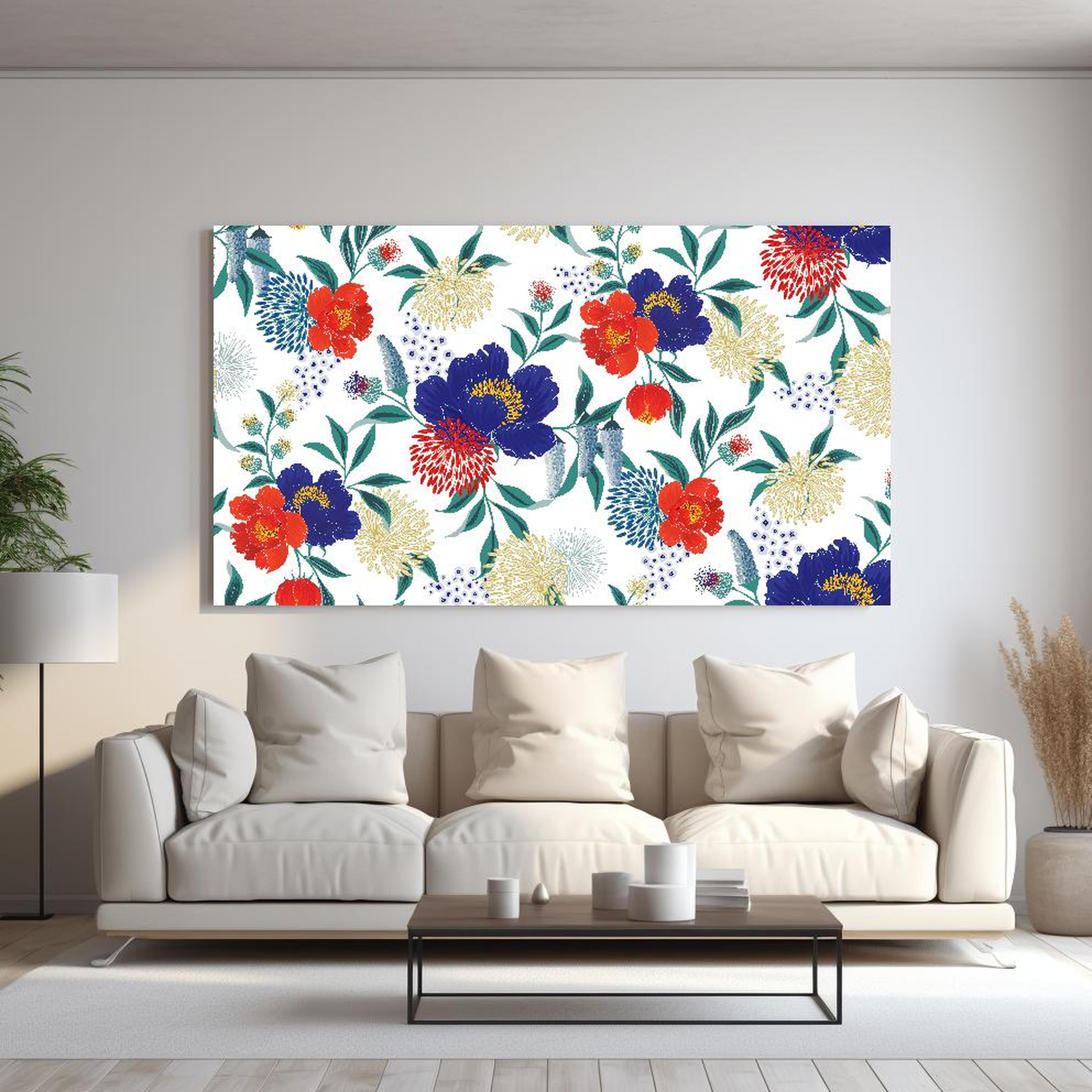 Wandbild - Bunte Blumenmuster Wandtapete Design hinter sanfter Couch mit cremefarbenen großen Kissen Zoom