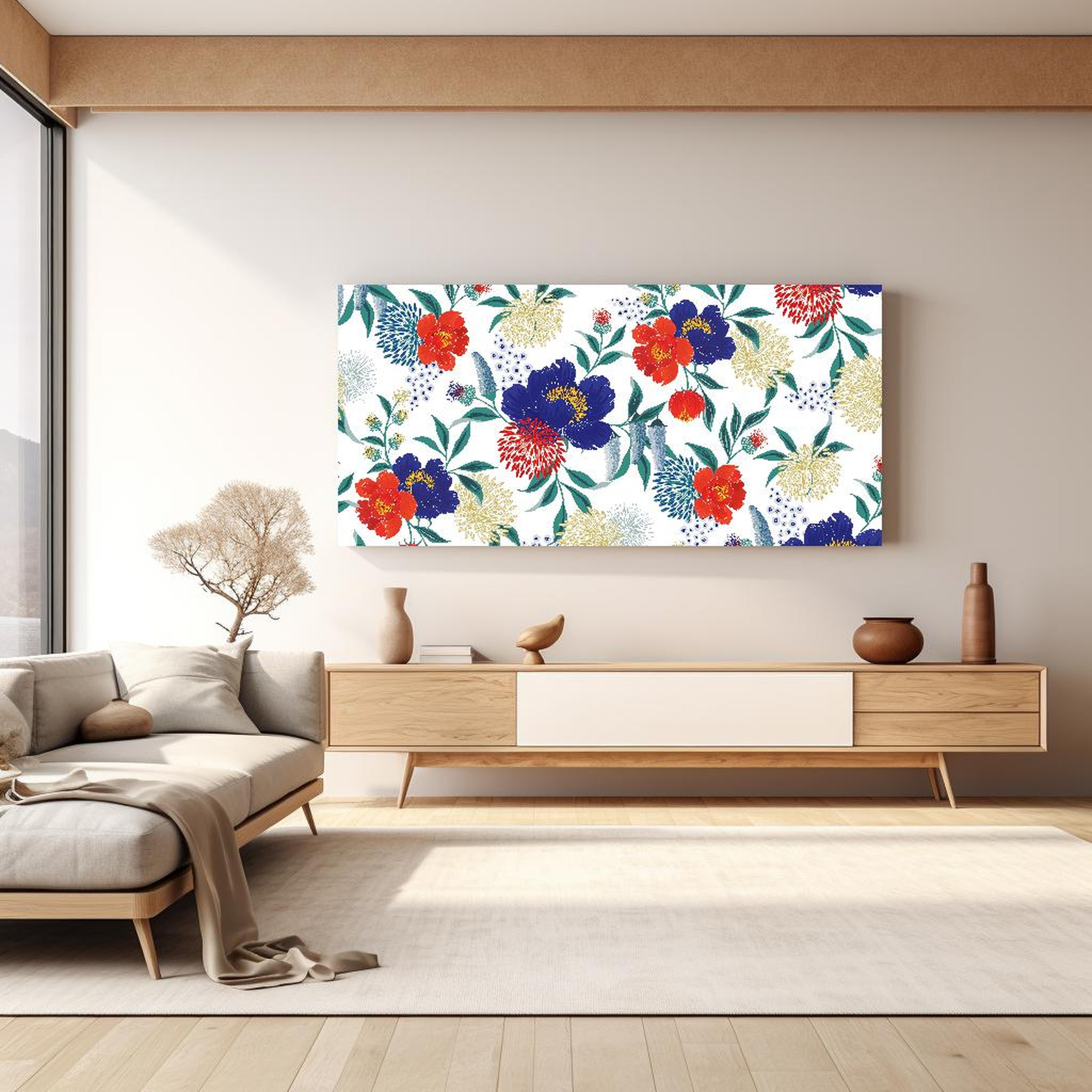 Wandbild - Bunte Blumenmuster Wandtapete Design hinter sanfter Couch mit cremefarbenen großen Kissen Zoom