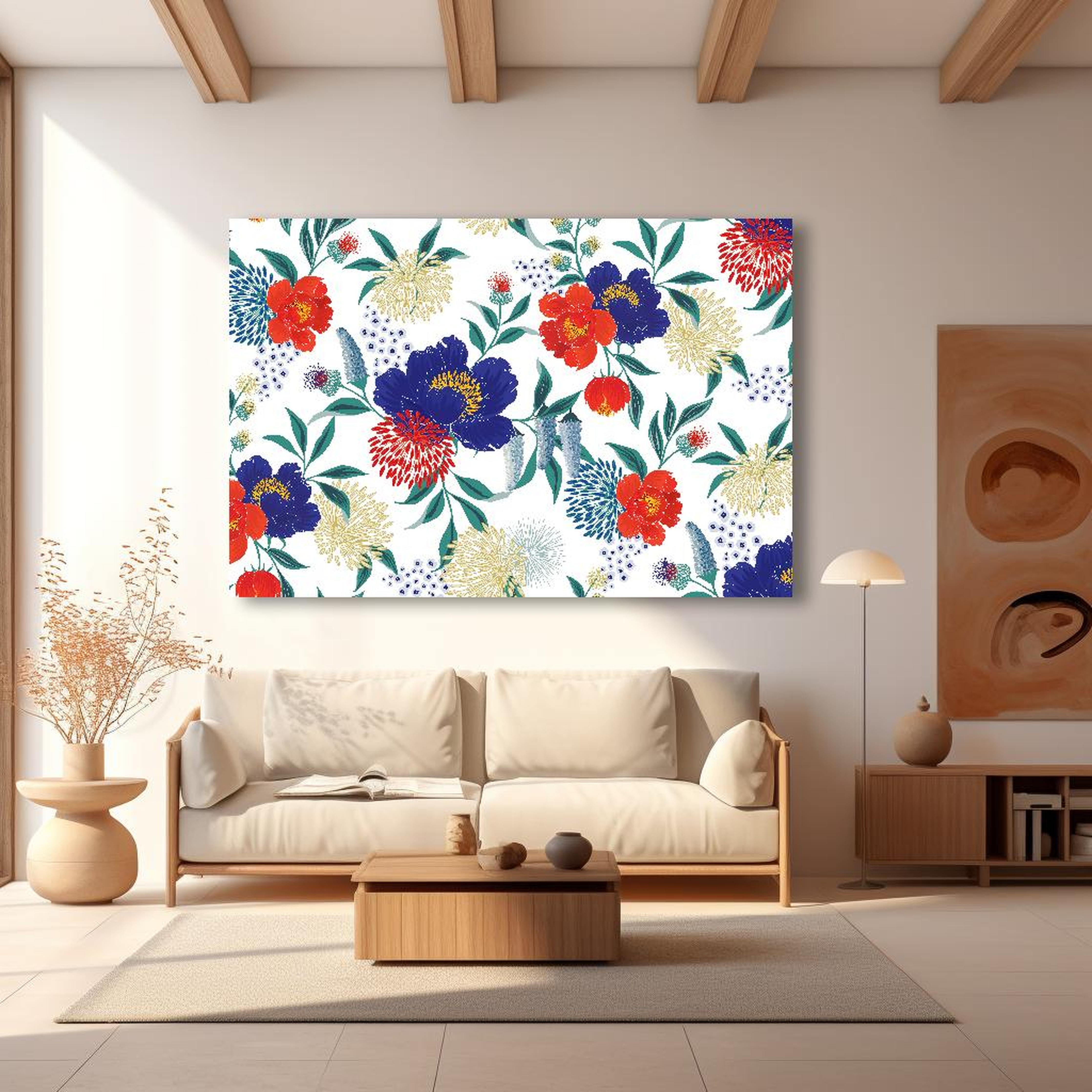 Wandbild - Bunte Blumenmuster Wandtapete Design hinter sanfter Couch mit cremefarbenen großen Kissen Zoom