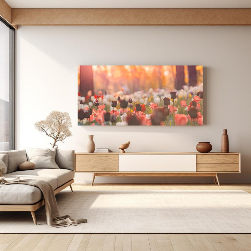 Wandbild - Bunte Blumenwiese mit Tulpen in hellem Wohnzimmer über extravaganter Kommode