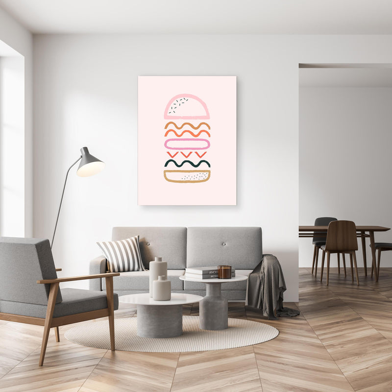 Wandbild - Burger Gemälde in gemütlichem Wohnzimmer neben grauer Retro-Lampe