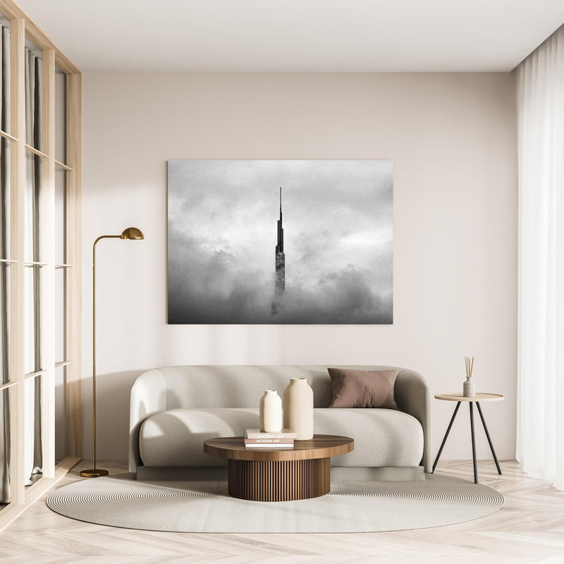 Wandbild - Burj Khalifa - Dubai in minimalistisch eingerichtetem cremefarbenen Wohnzimmer