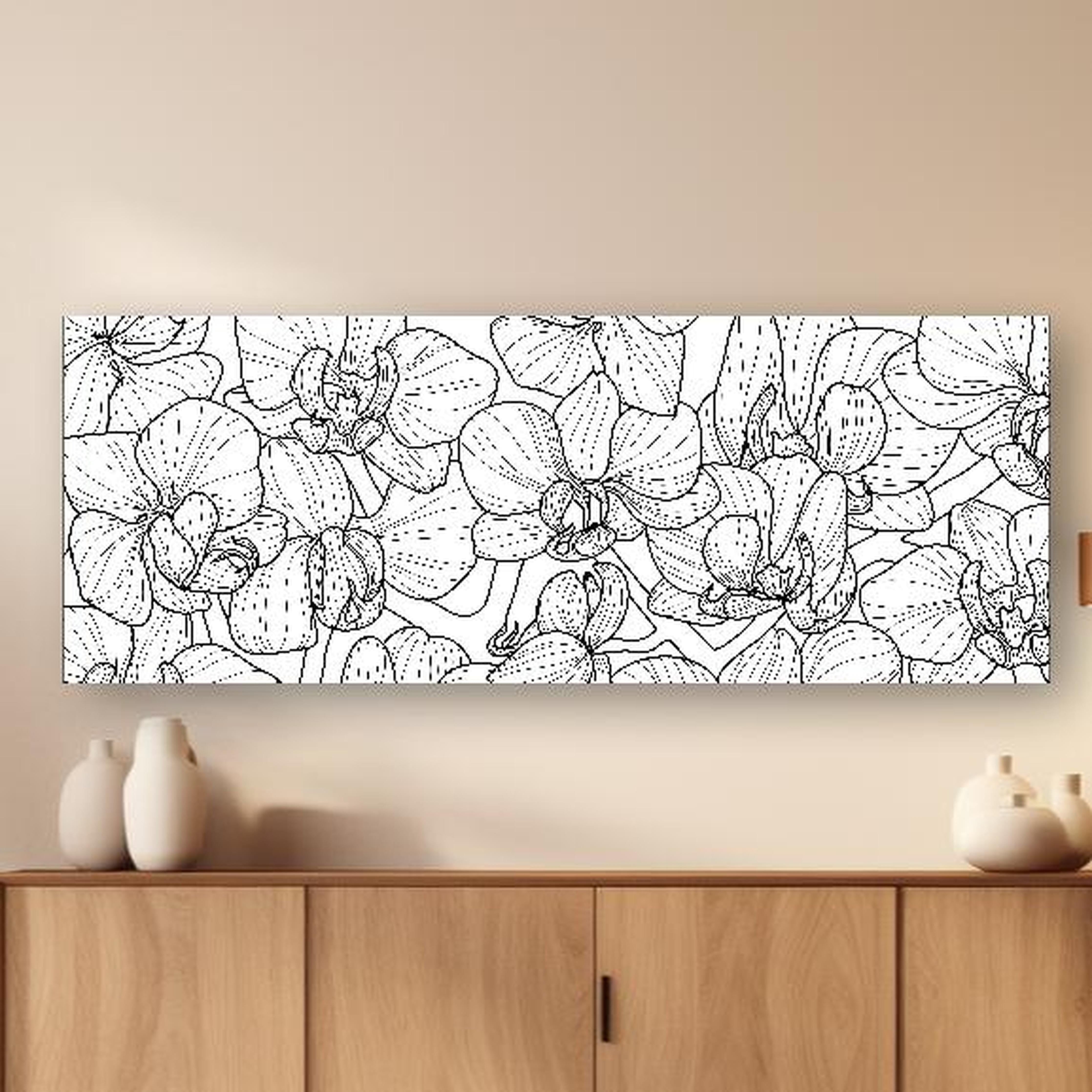 Wandbild - Detaillierte Orchideen Linie Kunst Zeichnung in dezentem Wohnzimmer mit geölter Holzkommode Zoom