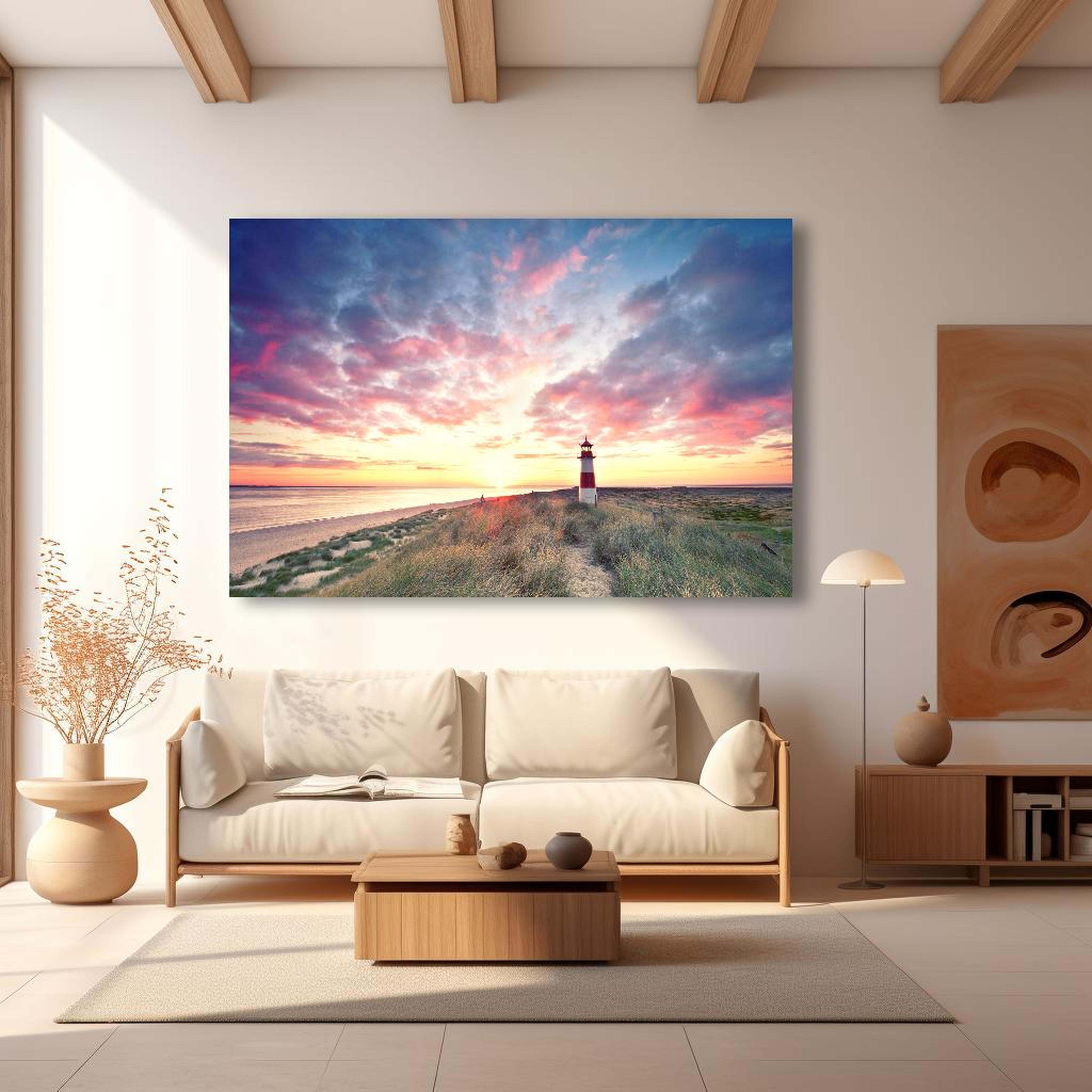 Wandbild - Dünen am Leuchtturm - Sylt in modernem Wohnzimmer im Loft-Stil