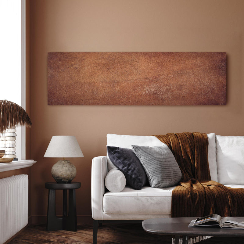 Wandbild - Dunkelbraune Ledertextur in dekorativem Wohnzimmer über einladendem Sofa